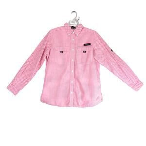 Simply Southern Pink Gingham Button Down Shirt Women's S Vented Long Slv Fishing